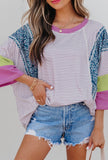 Blouse - Stripe Floral Raw Edge Patchwork Bracelet Sleeve, Multicolor