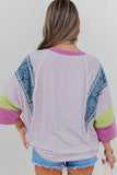 Blouse - Stripe Floral Raw Edge Patchwork Bracelet Sleeve, Multicolor