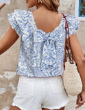 Blouse - Floral Ruffle with Bow Detail, Blue/White, Also Plus Size