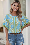Blouse - Floral Ruffle Detail Front and Sleeves, Blue/Green, Also Plus