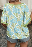 Blouse - Floral Ruffle Detail Front and Sleeves, Blue/Green, Also Plus