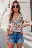 Blouse - Boho Floral Crochet V Neck Half Sleeve