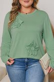 Blouse - Flower Appliqué Mineral Wash Top, Grass Green, Plus Size