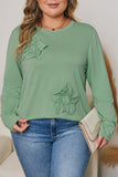 Blouse - Flower Appliqué Mineral Wash Top, Grass Green, Plus Size