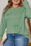 Blouse - Flower Appliqué Mineral Wash Top, Grass Green, Plus Size