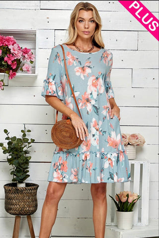 Dress - floral pattern with ruffle details, Blue, Plus Size