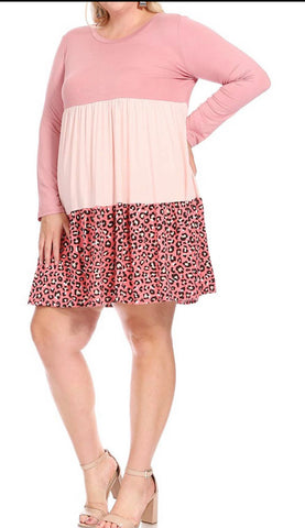 Dresses - Babydoll Ruffle Swing Dress, Pink/Animal Print, Also Plus Size