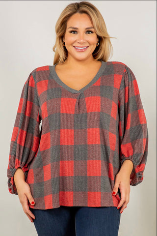 Blouse - V-neck top w/neckband contrast, Red Checks, Plus Size