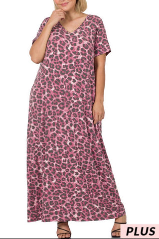 Dress - leopard pattern maxi, pink, Plus Size