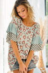 Blouse - Leopard pattern with ruffled striped sleeves, Mint