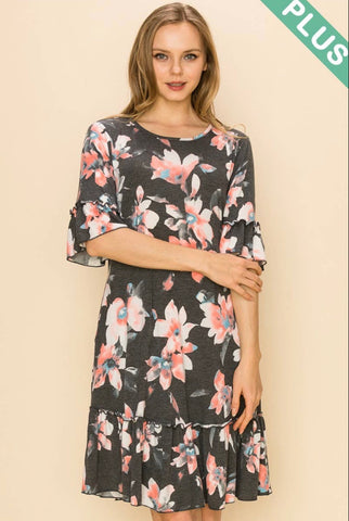 Dress - Floral pattern with ruffle details, Charcoal, Plus Size