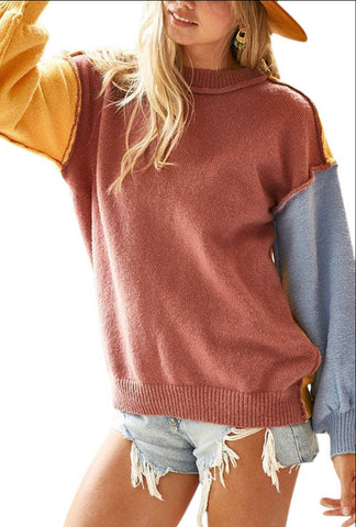 Blouse - BiBi Color Block Mock Neck Sweater, Mauve/Mystard/Denim