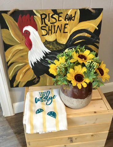 Paintings - “Rise and Shine” Rooster Picture; Vintage Crock w/Sunflower