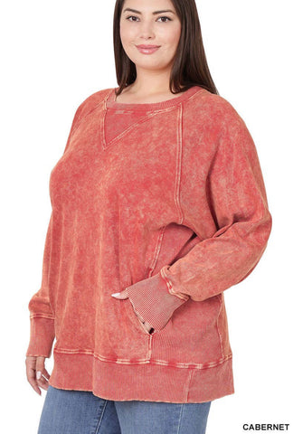 Blouse - Acid Wash Round Neck Pullover with pockets, Cabernet - Plus Size